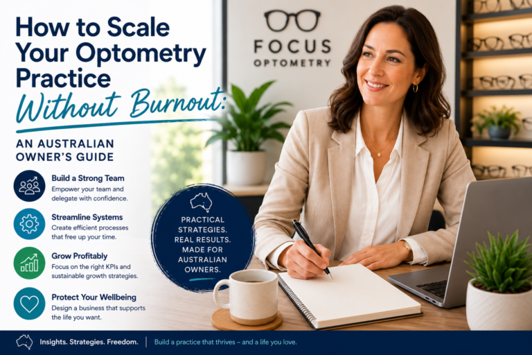 Australian optometry practice owner reviewing growth metrics on a dashboard, moving from operator to strategic owner