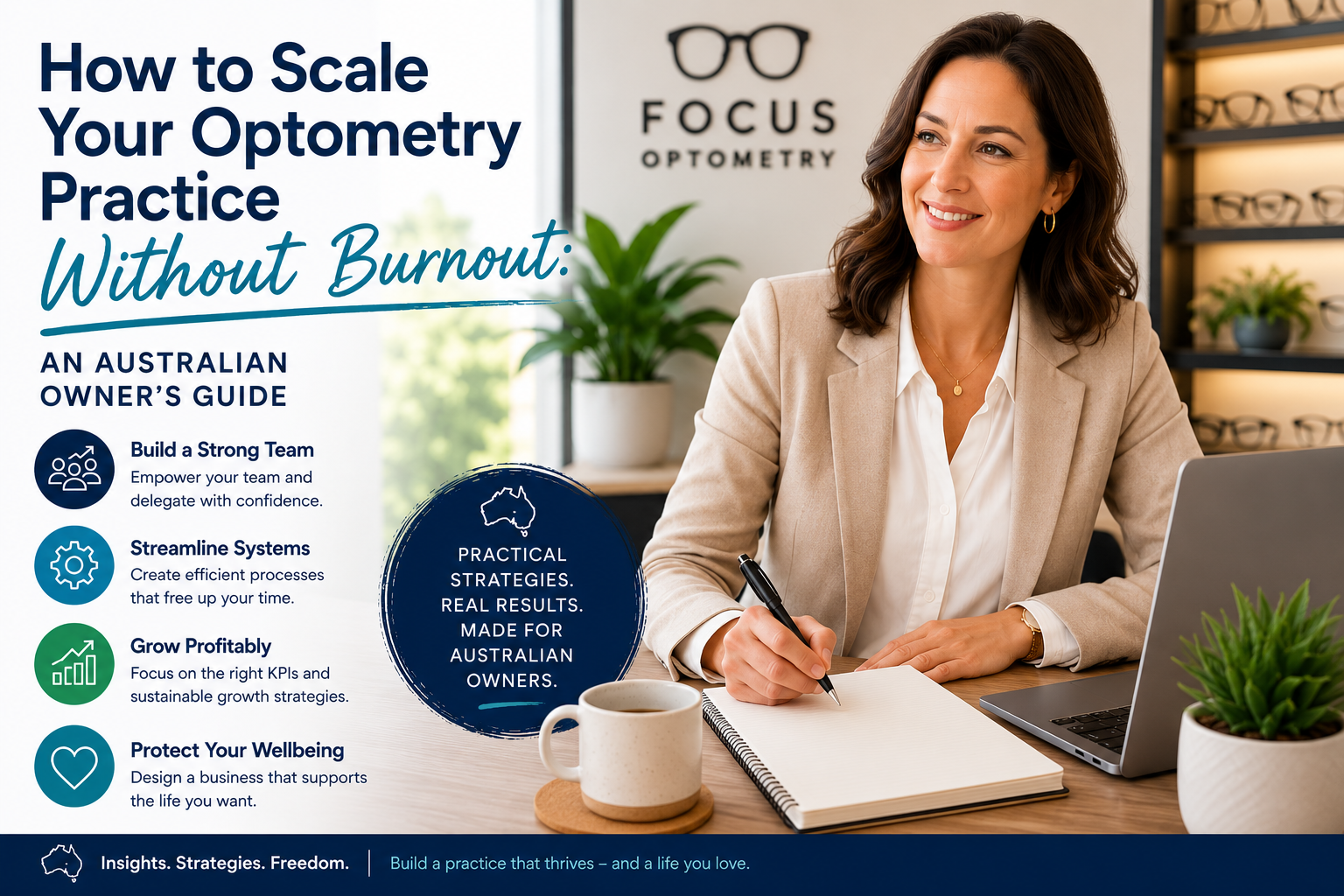 Australian optometry practice owner reviewing growth metrics on a dashboard, moving from operator to strategic owner
