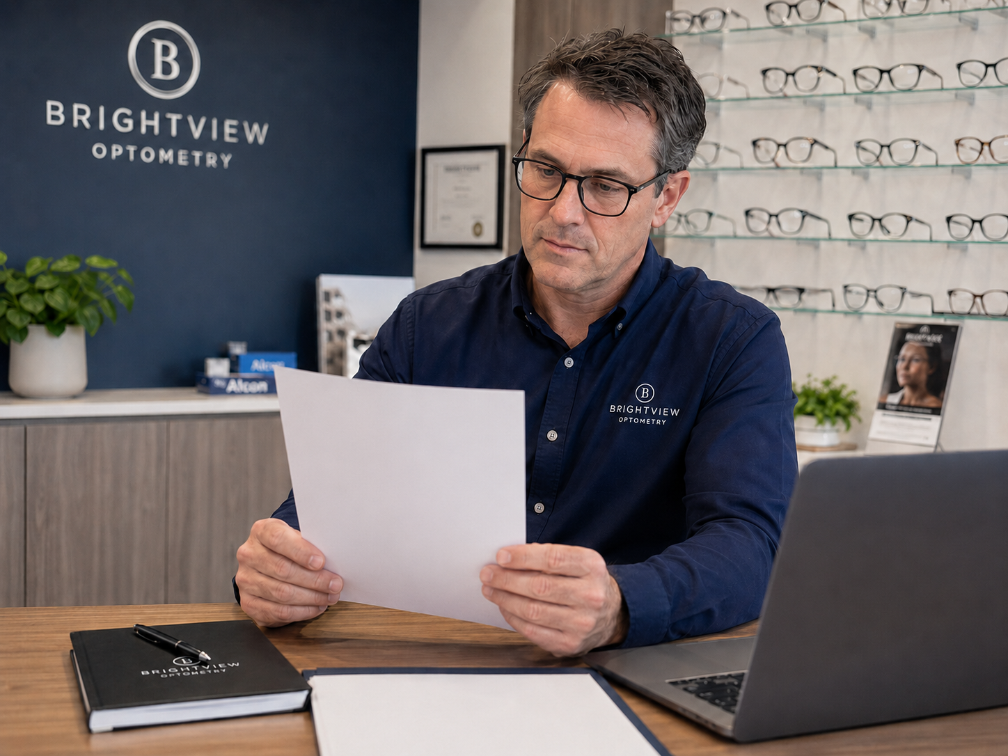 Australian optometrist practice owner reviewing 2026 employment contract with new optometrist hire