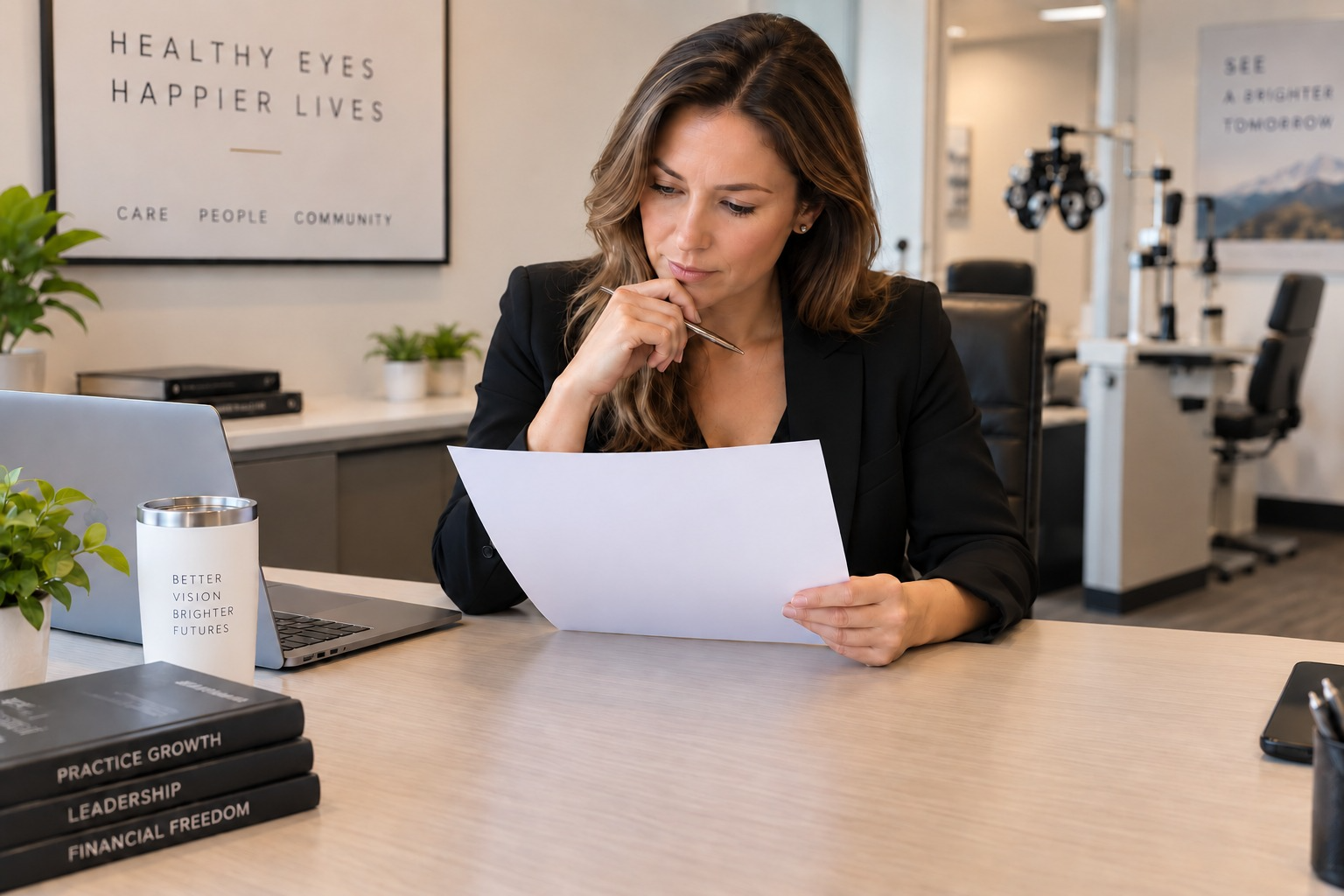 Australian optometry practice owner comparing 2026 business coaching options at a desk
